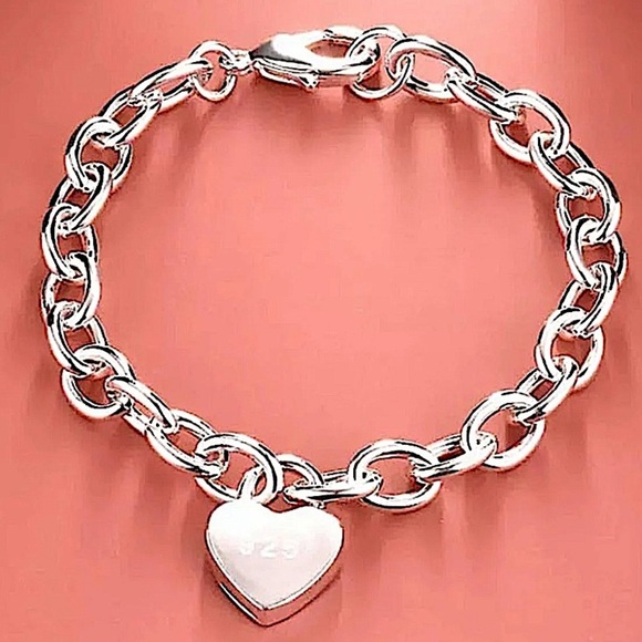 Sterling Silver Heart Lock Chain Link Bracelet - Picture 1 of 2